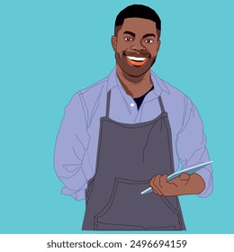 A young African American businessman holding a mobile tablet looking happy and wearing an apron ready to start a business