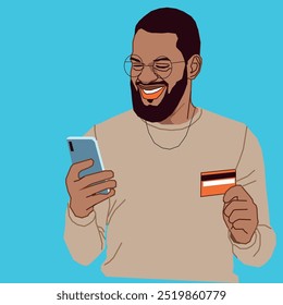 Jovem empresário afro-americano segurando um cartão de débito e um celular sorrindo para o telefone usando óculos