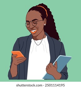 A Young African American Businesswoman checking her cell phone messages wearing glasses and looking so happy