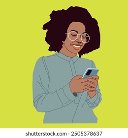 A young African American businesswoman checking her cell phone smiling wearing glasses