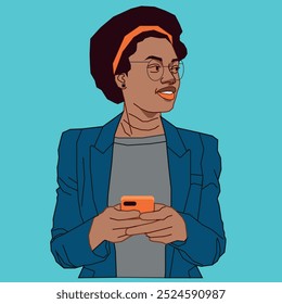 A young African American businesswoman looking sideways holding a cell phone and wearing glasses