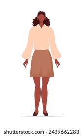 Young African American businesswoman in modern apparel in skirt and blouse. Office worker standing in formal clothes. Young businesswoman, entrepreneur, employee.  Flat vector illustration 