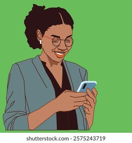 A young African American businesswoman in smart attire, holding her phone and looking at her messages with a focused yet pleasant expression, set in a sleek and professional environment.