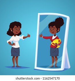 young african, american Businesswomen standing in front of a mirror looking at her reflection and imagine herself successful. Business cartoon vector concept.