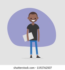 Young african american character holding a laptop. Modern office worker. Millennial. Lifestyle. FLat editable vector illustration, clip art