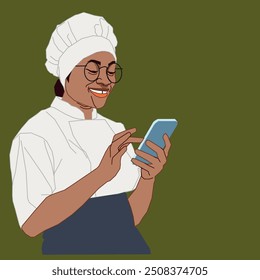 Una joven chef afroamericana revisando sus mensajes de teléfono móvil luciendo tan feliz con gafas negras