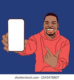 A young African American cool man pointing at his cell phone smiling while wearing glasses.