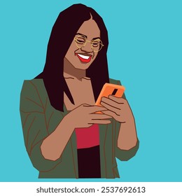 Una joven mujer corporativa afroamericana sonriendo sosteniendo un teléfono celular mientras usa gafas