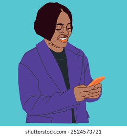 A young African American corporate woman smiling checking her mobile phone messages wearing glasses