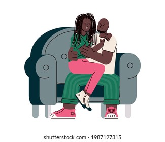 Young african american couple cartoon characters hugging in chair, sketch vector illustration isolated on white background. Love and affection, romantic relations.