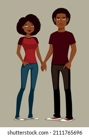 young African American couple in love, holding hands. Beautiful black woman and man, boyfriend and girlfriend. Cartoon illustration.