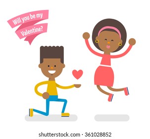 Young african american couple in love. Boy got down on one knee and girl jumping for joy. Happy Valentine's day greeting card, poster or banner. Flat illustration. Vector stock.