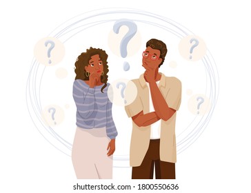 Young african american couple think about problem. Question symbol. Troubled woman and man thinking together. Vector illustration in simple flat cartoon style isolated on white background.