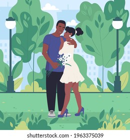 Young African American couple walking in a spring or summer city park on a date. Flat vector illustration.