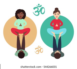 Young african american and european couples practicing acroyoga. Lotus and throne  pose. Vector isolated illustration. Flat design. Om sign