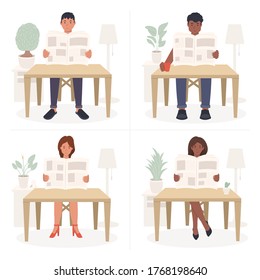 Young African American and European people are sitting at the table and reading the newspaper. The guys and the girls read the press at home. Flat cartoon vector illustration