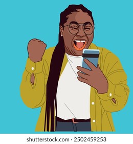 A young African American excited lady looking at her mobile phone conversations wearing light brown glasses