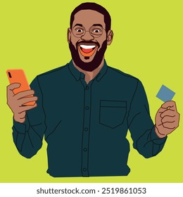 A young African American excited male holding a mobile phone and a debit card looking excited wearing glasses