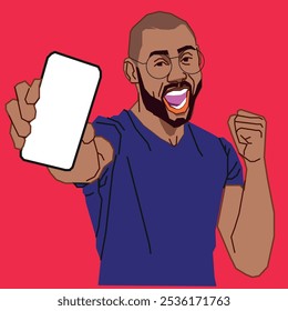 A young African American excited male with his cell phone screen up looking like he just won the lottery