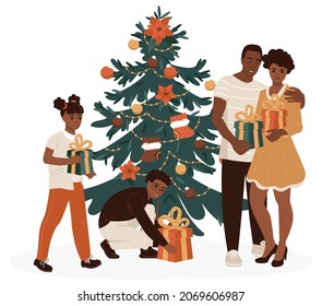 Young African American family at the Christmas tree open boxes with gifts for the New Year. Flat vector isolated illustration