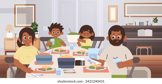 Young African American family having lunch at round table. Festive family dinner in the living room. Flat vector illustration