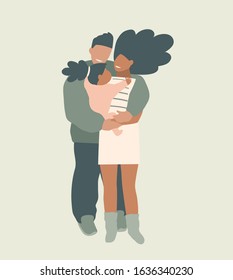 Young African American family parents holding hugging their daughter. Stylish family design standing hugging their offspring together. Modern husband wife happy family art print design.
