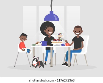 Young african american family sitting at the dining table. Desserts and tea. Daily life / flat editable vector illustration, clip art