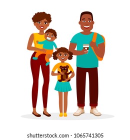 Young African American family standing together isolated on white background. Cheerful parents and children cartoon characters vector flat illustration. Mother, father, daughter and son.