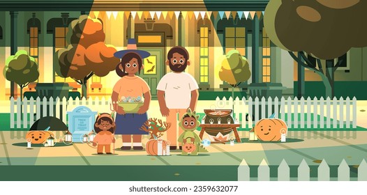Young African American Family with their children walking down the street on Halloween night. Vector flat illustration