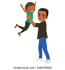 Young African American father holding daughter up playing flying