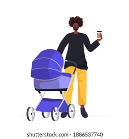 young african american father walking outdoor with newborn baby in stroller fatherhood parenting concept dad spending time with his kid full length vector illustration