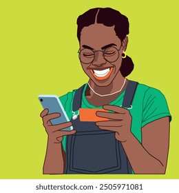 A young African American female carrying a debit card and a cell phone smiling at the same time wearing glasses