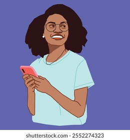 
A young African American female with a cell phone smiling after reading her conversation