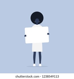 Young african american female character holding a sheet of white paper. Copy space. Your text here, template. Flat editable vector illustration, clip art