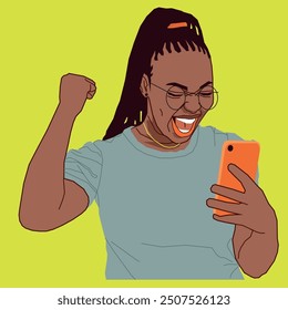 A young African American female with a mobile phone putting her fist up in excitement wearing a glasses