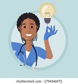 A young african american female nurse in a medical gloves had an idea. She peeks around the corner and show the idea.
