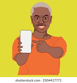 A Young African American Female pointing at her mobile phone screen smiling and also wearing glasses