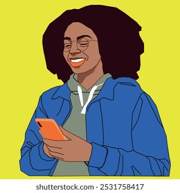 A young African American female student holding a cell phone reading her messages while wearing glasses