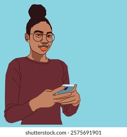 A young African American female student, casually dressed, holding her cell phone and checking it with a focused yet relaxed expression, set in a lively academic or casual environment.