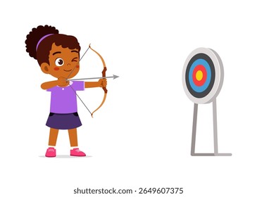 Young African American girl aiming bow and arrow at target winking one eye illustration