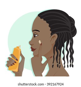 Young african american girl applies a base or cream on the skin during her makeup ritual, vector image, eps10