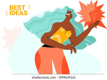 A young African American girl in bright colors has the best ideas. The concept of the emergence of creative solutions. The girl thinks creatively. Abstract composition of a girl with a solution. Flat