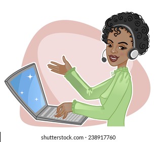 Young African American girl a call operator. Vector image of a young cartoon African American woman, a call operator wearing a headset and typing on a laptop