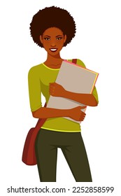 young African American girl in casual clothes, a high school or university student, smiling and holding folders