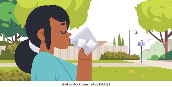 Young African American girl drink cold clear water on house yard. Hot weather flat vector illustration