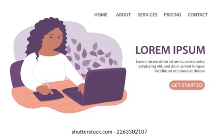 Young african american girl graphic designer. Works at a table on a laptop. Creative work. Professional design. Design for poster, banner, website. Flat vector illustration on white background