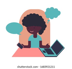 Young african american girl with laptop and smartphone at workplace. Color vector flat isolated illustration.