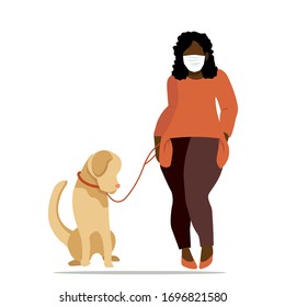 A young African American girl in a protective mask walks with a dog, a labrador. Social distance in the context of the coronavirus pandemic COVID-19. Vector illustration flat design.