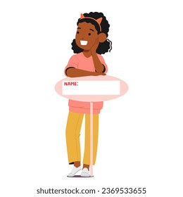 Young African American Girl Proudly Holds Banner or Nameplate, A Small Symbol Of Her Growing Identity, As She Stands With Innocence And Curiosity. Kid Character, Cartoon People Vector Illustration