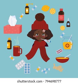 Young african american girl in red hat caught cold flu or virus. She has red nose, high temperature and holds thermometer. Ways to treat illness. Pills, honey, tea. Isolated objects on background